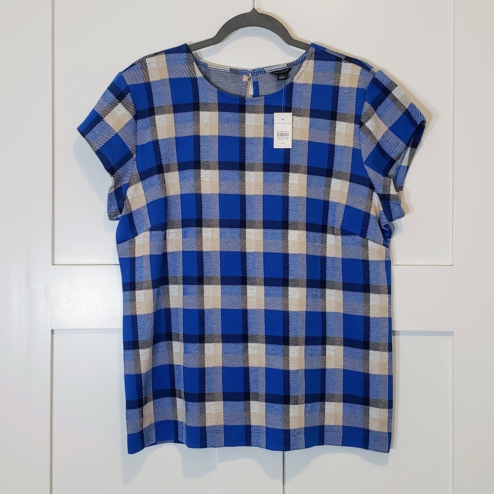 Ann Taylor NEW Plaid Short Sleeve Blouse Top Size XL Blue Black Tan Stre…